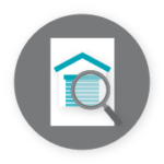 Icon of a house and a magnifying glass representing assessment of plans